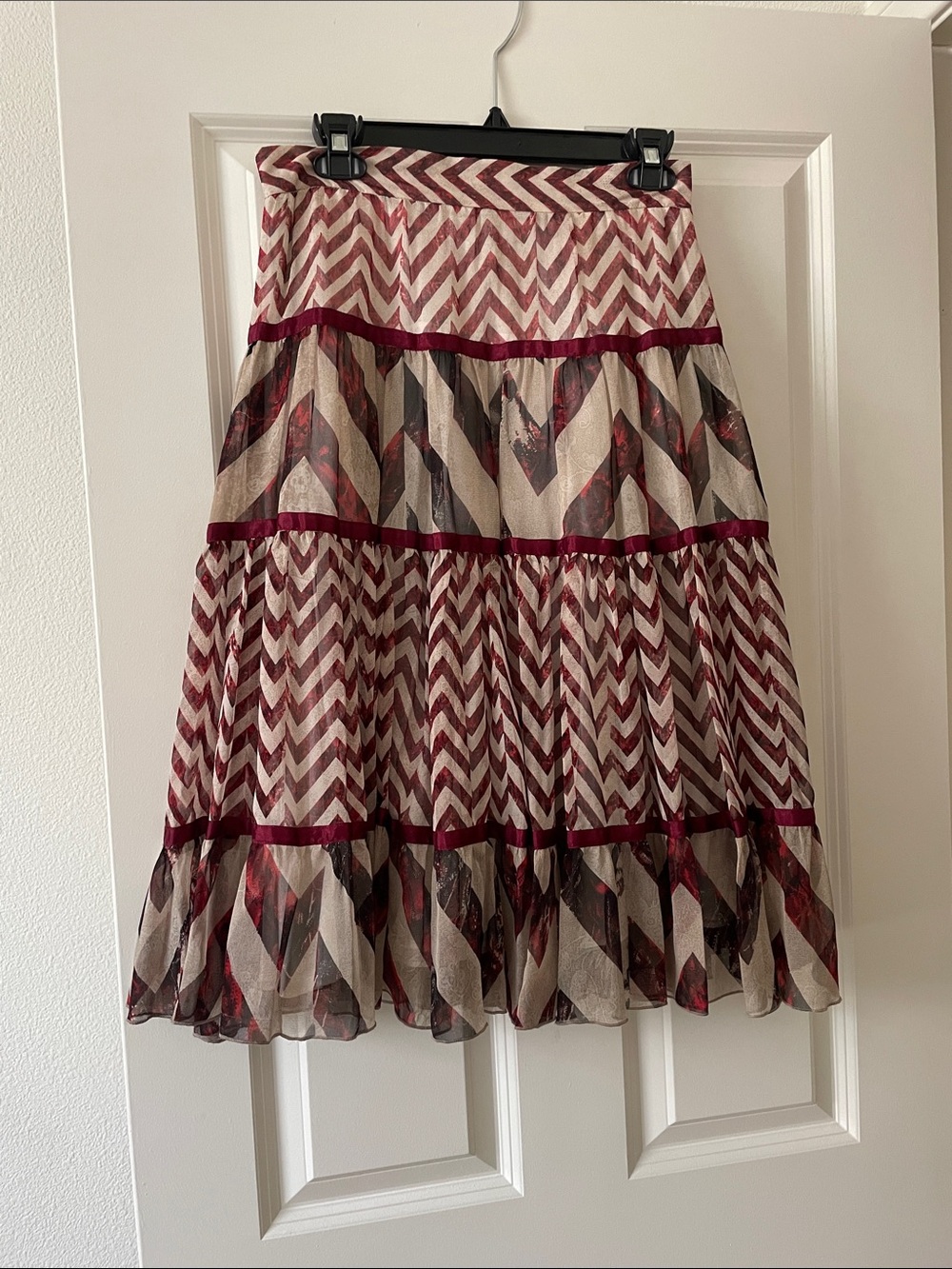 DVF Womens Chevron Tiered Midi Skirt - Red and Cream